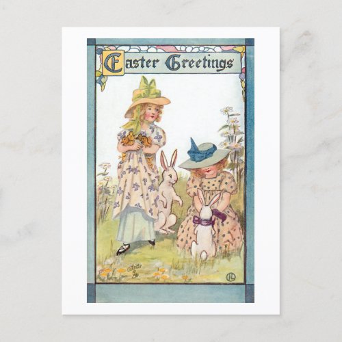 Vintage Country Girls with Easter Bunnies  Chicks Holiday Postcard
