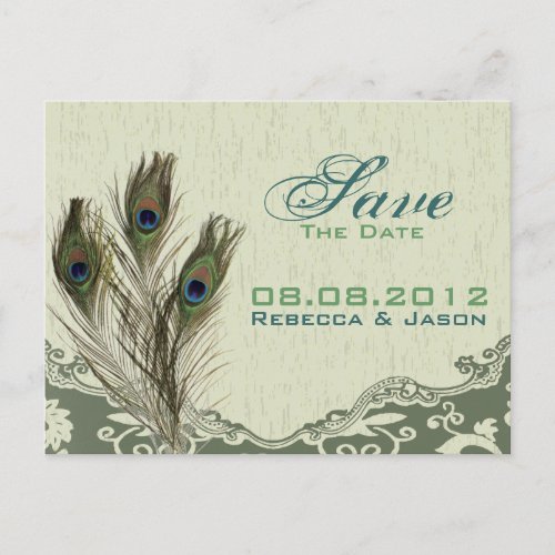 vintage country green peacock  save the date announcement postcard