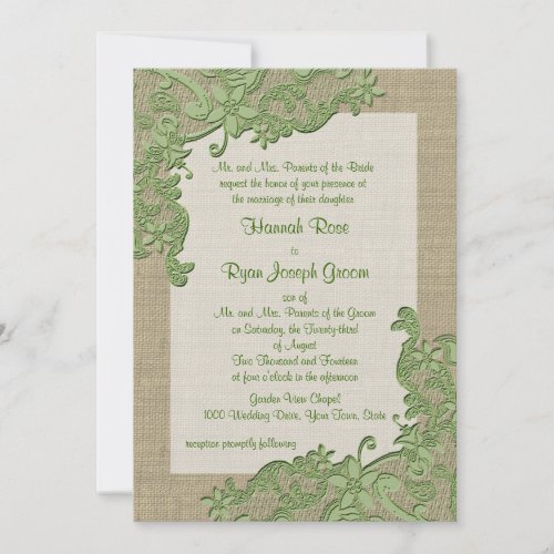 Vintage Country Lace Design and Burlap Green Personalized Announcement