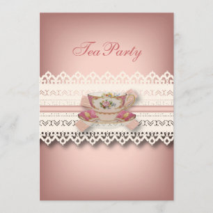 vintage country lace pink floral teacup tea party invitation