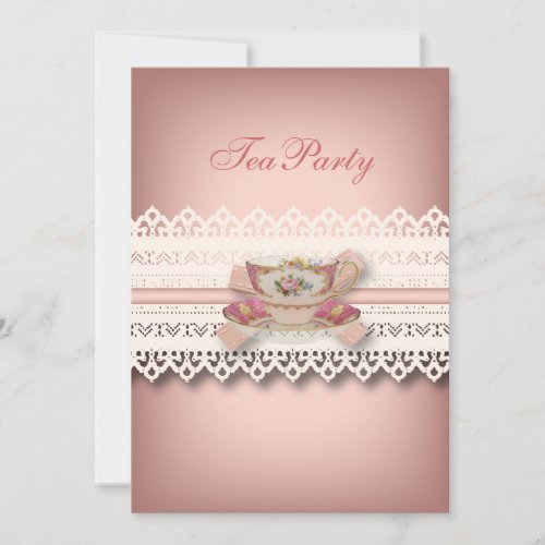 vintage country lace pink  floral teacup tea party custom invitations