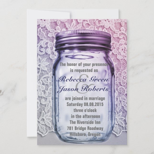vintage  country lace purple mason jar wedding invitation (Front)