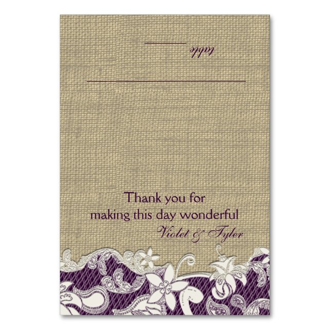 Vintage Country Lace Purple Seating Card (Front)