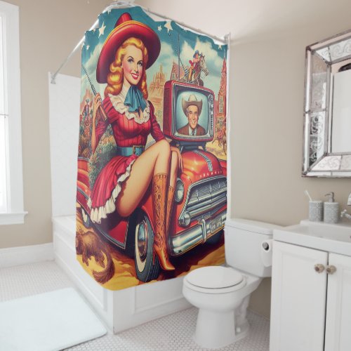 Vintage Country Pin_Up Illustration Shower Curtain