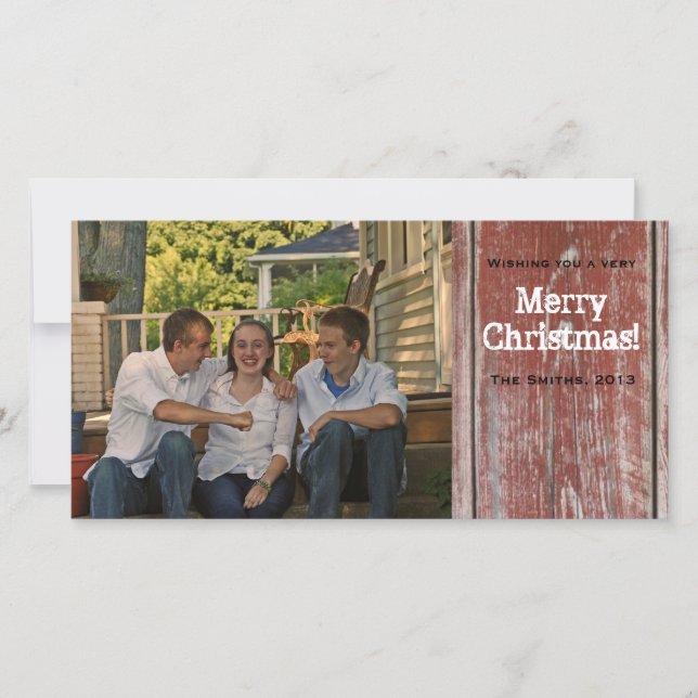 Vintage Country Red Barn Wood Photo Christmas Card (Front)