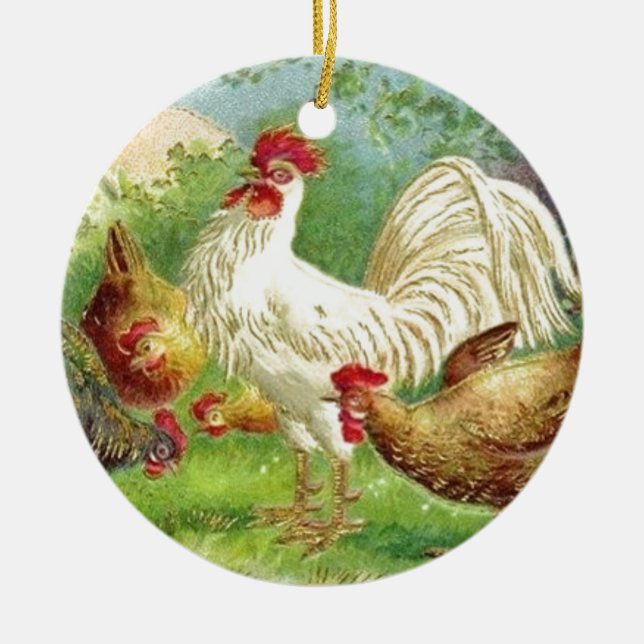 Vintage Country Rooster and Chickens Ceramic Ornament (Front)