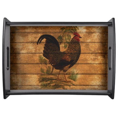 Vintage Country Rooster On Rustic Wood Pattern Serving Tray