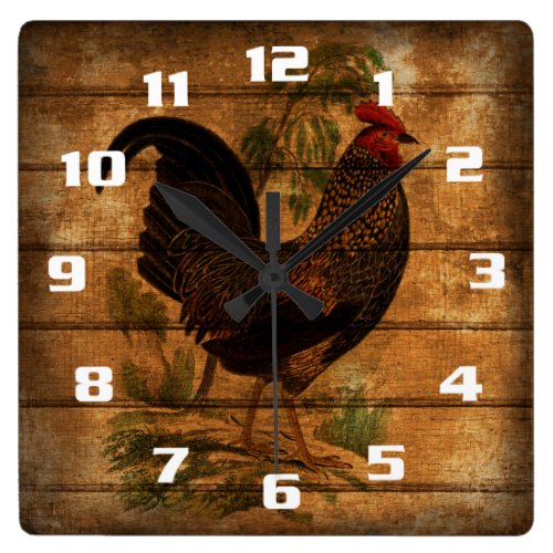 Vintage Country Rooster On Rustic Wood Square Wall Clock