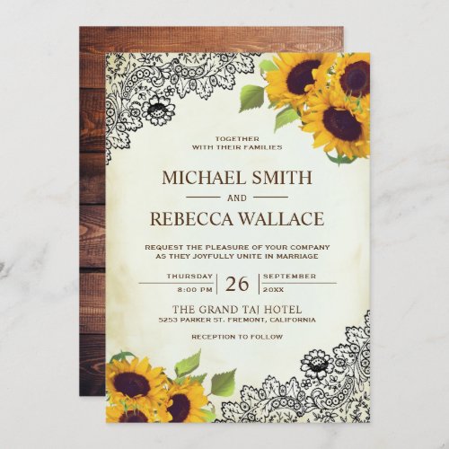 Vintage Country Rustic Lace Sunflower Wedding Invitation