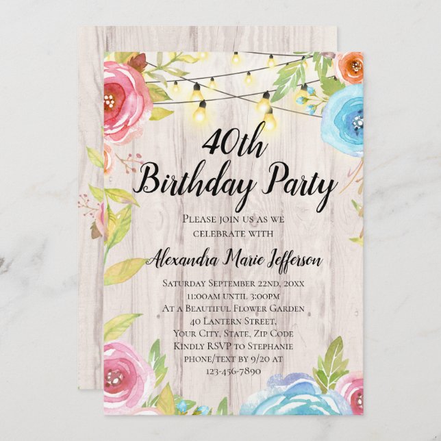 Vintage Country Rustic String Lights 40th Birthday Invitation (Front/Back)