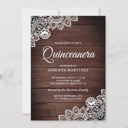 Vintage Country Rustic Wood Lace Quinceanera Invitation