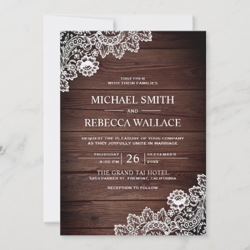Vintage Country Rustic Wood Lace Wedding Invitation
