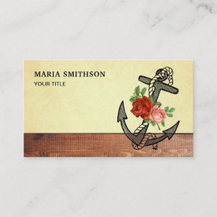 Vintage Country Rustic Wood Nautical Floral Anchor Business Card