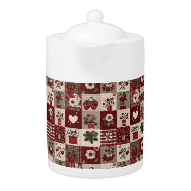 Vintage Country Strawberry Patchwork Pattern Teapot (Front)