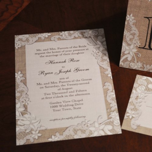 Vintage Country Style Lace Design and Burlap Invitation