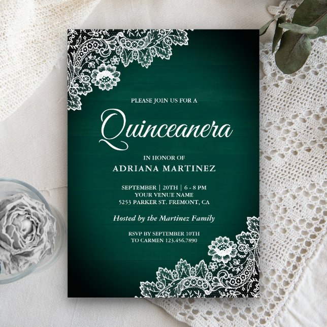 Vintage Country Teal Green Wood Lace Quinceanera Invitation