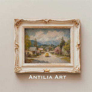 Vintage Country Town Painting Rustic Yellow Car Poster