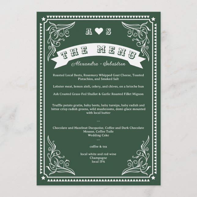 Vintage Country Western Rustic Emerald Wedding Menu (Front)