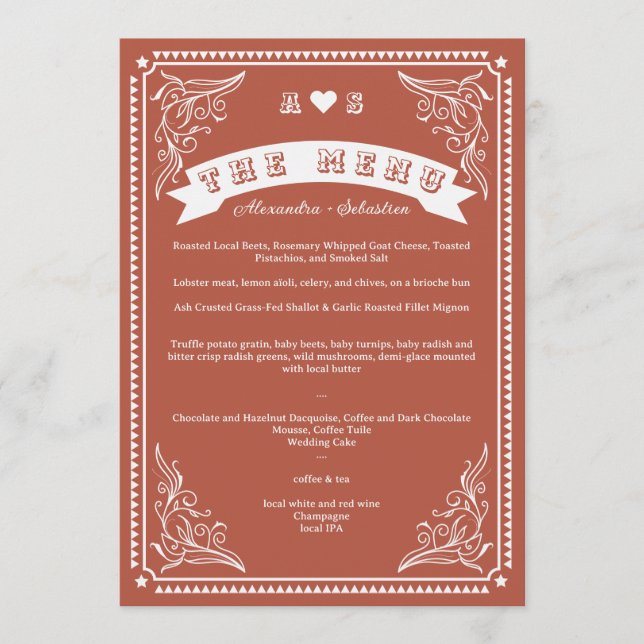 Vintage Country Western Rustic Terracotta Wedding Menu (Front)