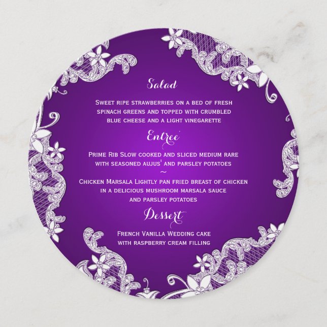 Vintage Country White Lace & Purple Round Menu (Front)