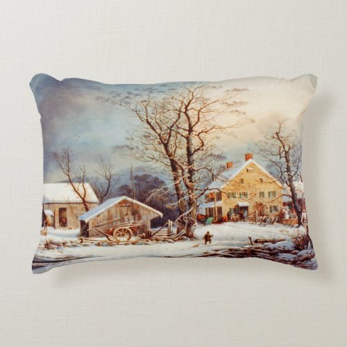 Vintage Country Winter Holiday Christmas Scene Accent Pillow
