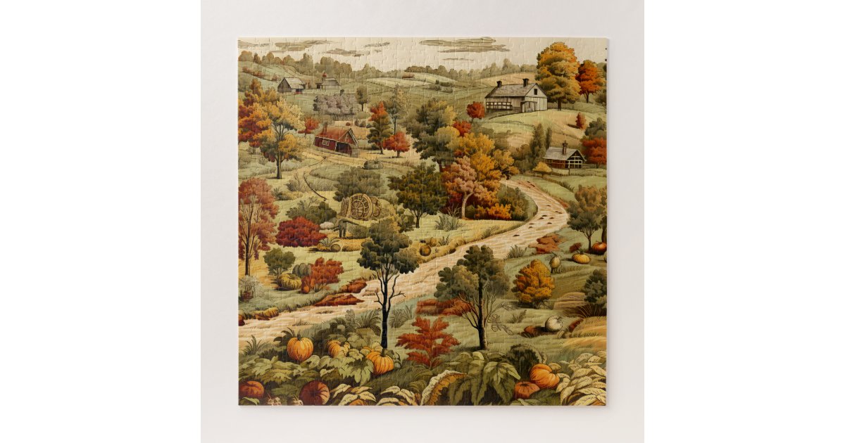 Vintage Countryside Fall Leaves Orange Pumpkins Jigsaw Puzzle | Zazzle