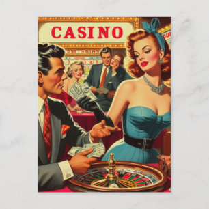 Vintage Couple Casino Illustration Postcard