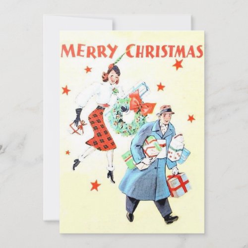 Vintage Couple Christmas Shopping Holiday Card