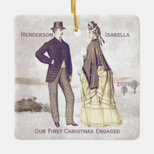 Vintage Couple First Christmas Engaged Ceramic Ornament