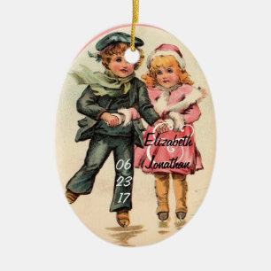 Vintage Couple Ice Skating & Holding Hands Ceramic Ornament