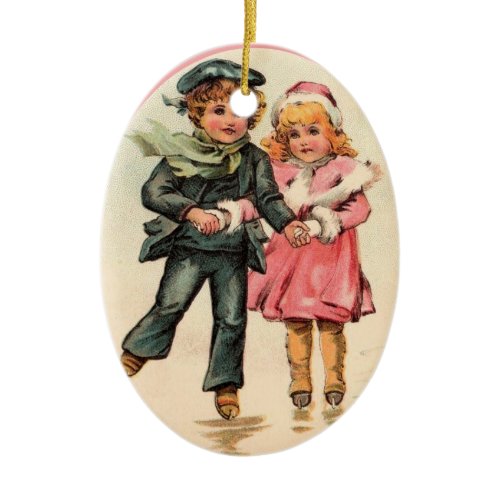 Vintage Couple Ice Skating &amp; Holding Hands Ceramic Ornament