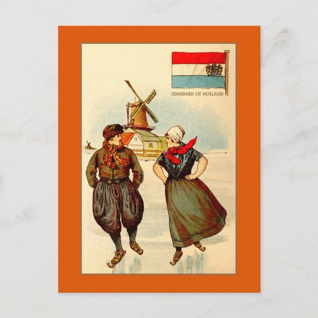 Vintage couple ice skating, windmill, Holland Postcard (Front)