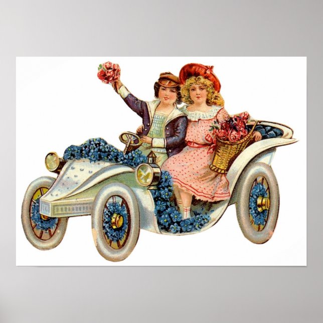 Vintage Couple in Flower Cart Poster (Front)