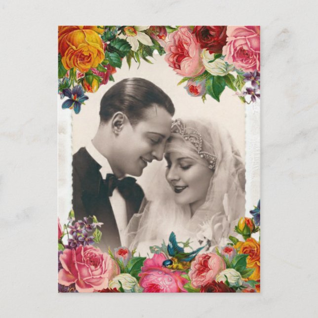 Vintage Couple in Love Wedding Roses Postcard (Front)