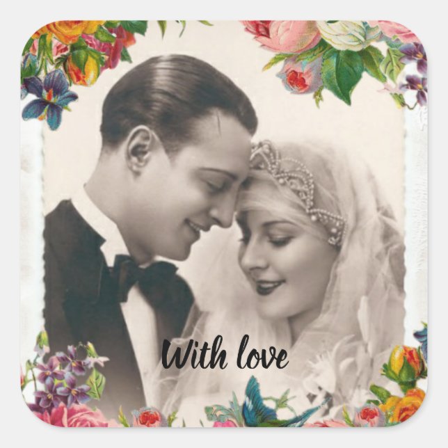Vintage Couple in Love Wedding Roses Square Sticker (Front)