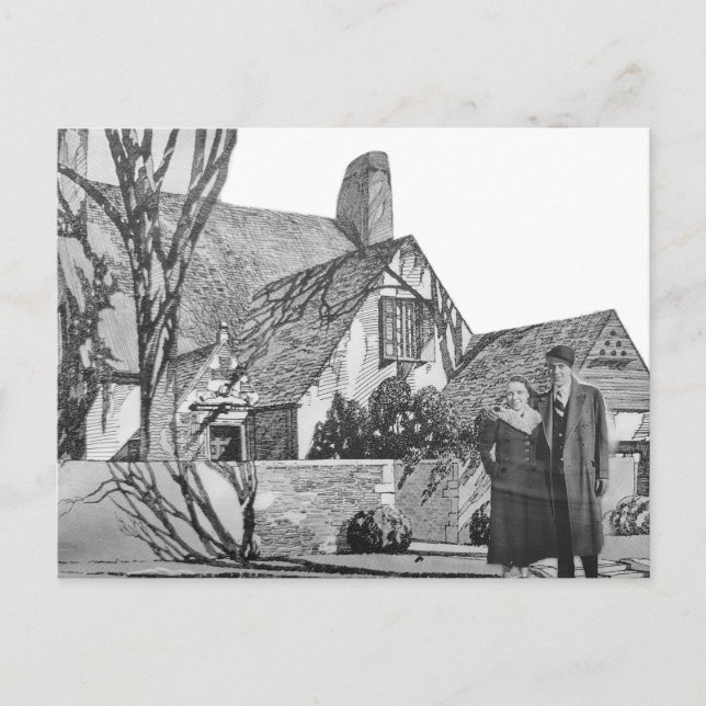 Vintage Couple New House Black and White Collage Postcard (Front)