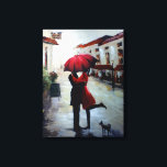 Vintage Couple with Umbrella and Dog Canvas Print<br><div class="desc">Replica wrapped canvas painting of a couple in love holding red umbrella in Mediterranean city with a small Scottish Terrier</div>
