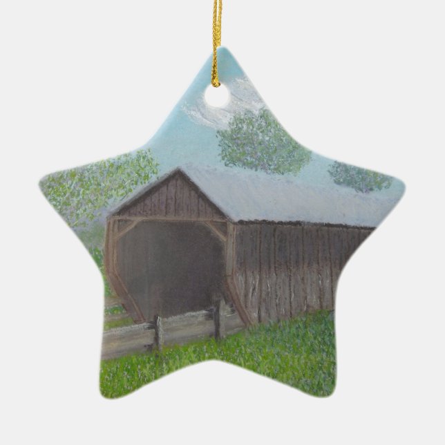 Vintage Covered Bridge Ceramic Ornament (Front)