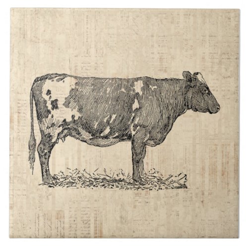 Vintage Cow Art Illustration w Script Background Ceramic Tile