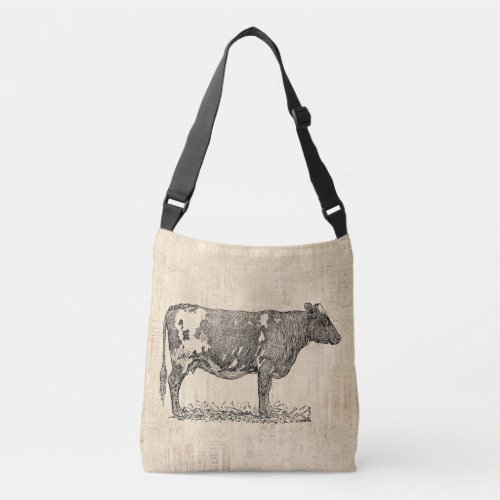 Vintage Cow Art Illustration w Script Background Crossbody Bag