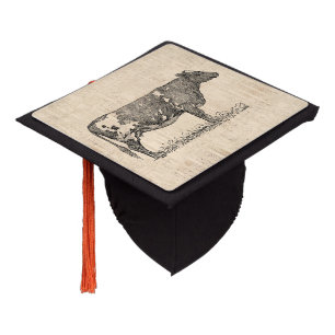 Vintage Cow Art Illustration w/ Script Background Graduation Cap Topper