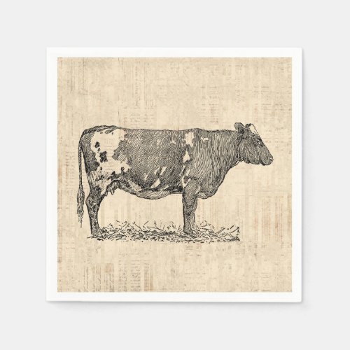 Vintage Cow Art Illustration w Script Background Napkins