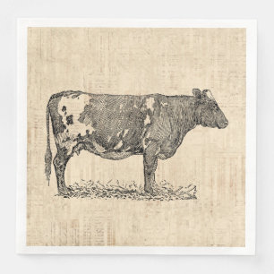 Vintage Cow Art Illustration w/ Script Background Paper Dinner Napkins