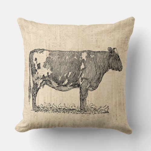 Vintage Cow Art Illustration w Script Background Throw Pillow