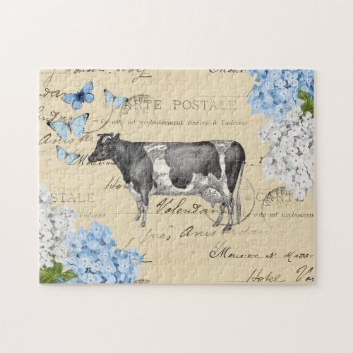 Vintage Cow Blue Flower French Jigsaw Puzzle