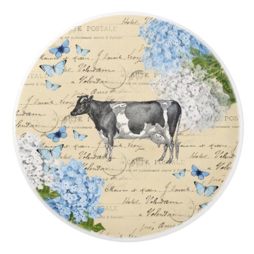 Vintage Cow Blue Flower Postcard Ceramic Knob