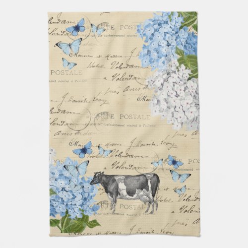 Vintage Cow Blue Flower Postcard Tea Towel