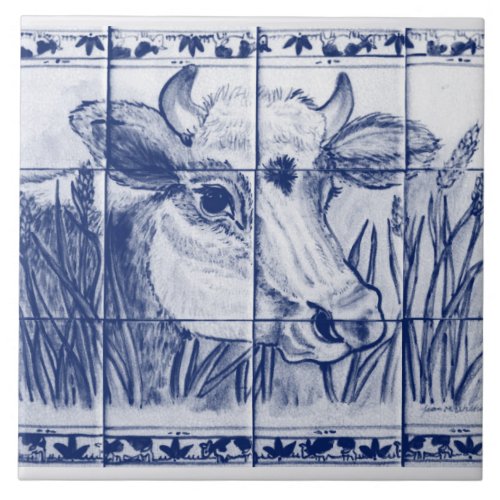 Vintage Cow Blue White Art Dedham Delft Trivet
