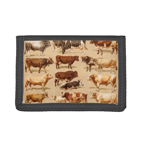 Vintage Cow Calf Bull Dairy Cows Farm Illustration Tri_fold Wallet