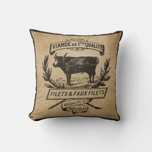 Vintage Cow Deli Advertisment Burlap Throw Pillow (Front)